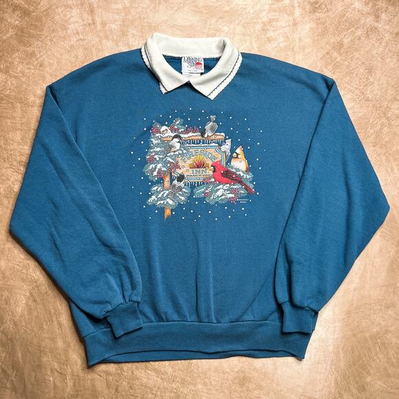 Vintage 90s Morning Sun Fireside Inn Bird Sweater Collared Blue Cabincore Winter - Picture 1 of 10